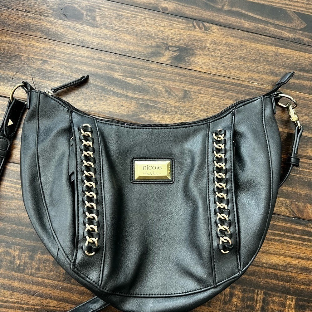 Nicole by Nicole Miller‎ Black Faux Leather Crossbody Bag Gold Chain Accents